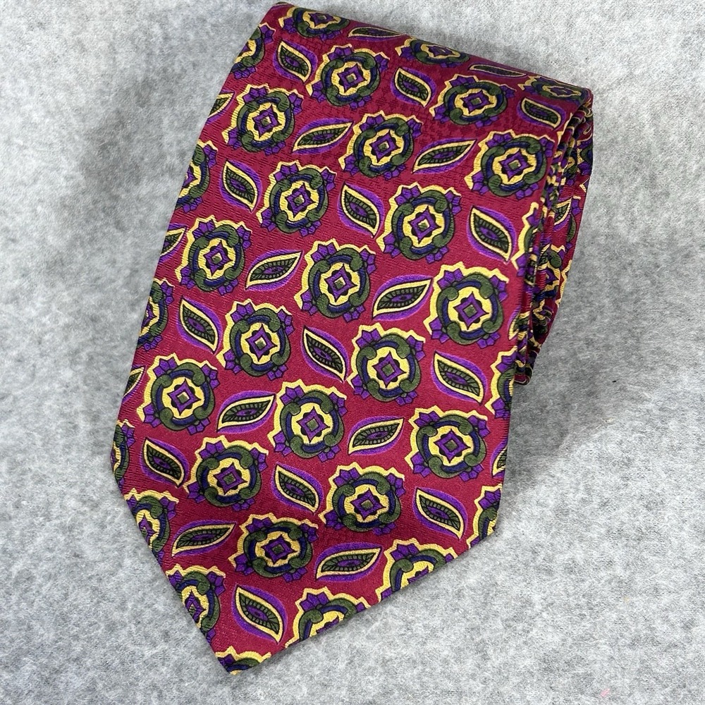 HengTeLai Vintage 100% Silk‎ Red Geometric Medallion Necktie Purple Green Mens